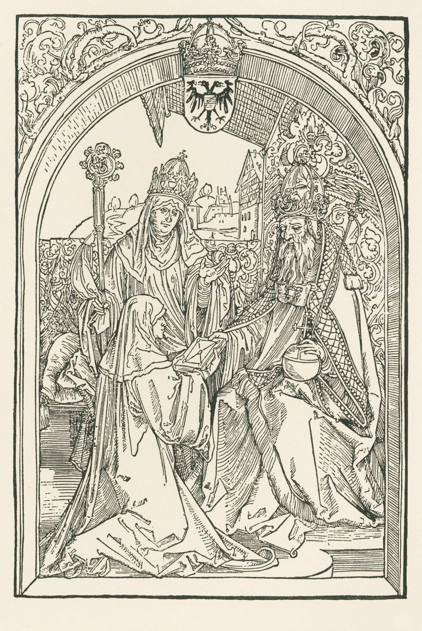 Roswitha w obecności swojej siostrzenicy Gerby, opatki Gandersheim, prezentuje swoje dzieła cesarzowi Ottonowi I. autorstwa Albrecht Dürer or Duerer