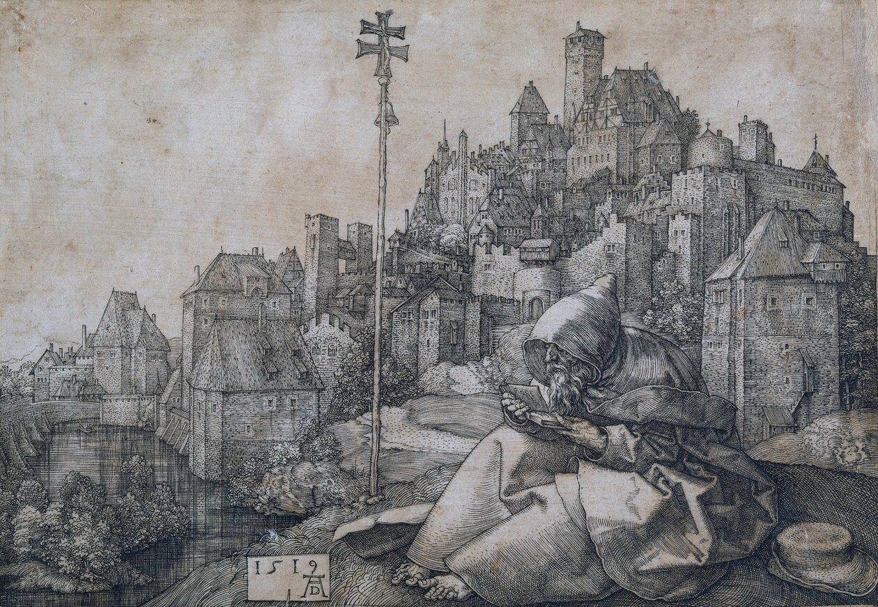 Święty Antoni siedzący przed miastem - Miedzioryt Albrechta Durera (1471-1528) autorstwa Albrecht Dürer