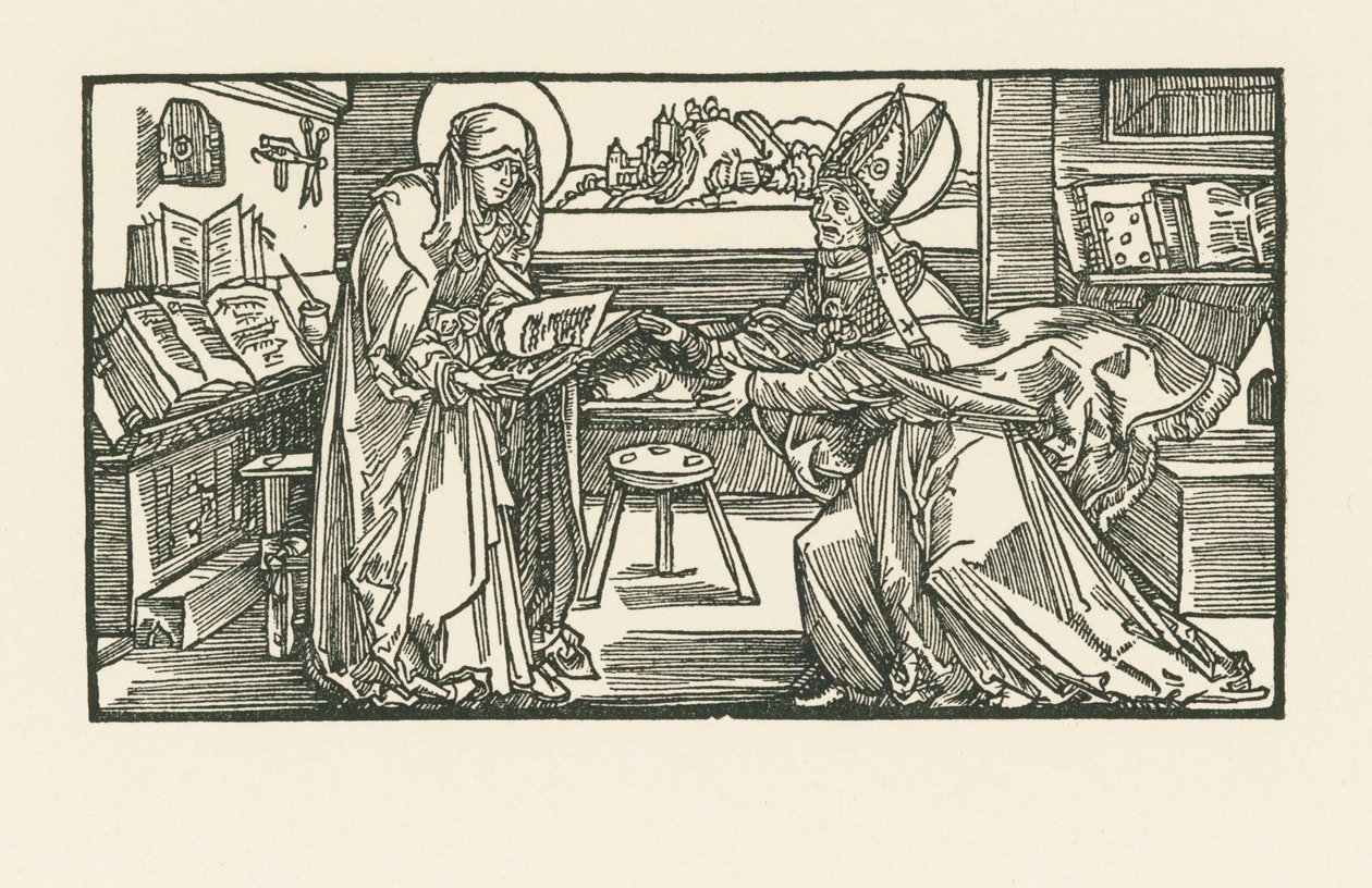 Święta Birgitta w swojej komnacie przekazująca swoje dzieło biskupowi autorstwa Albrecht Dürer or Duerer