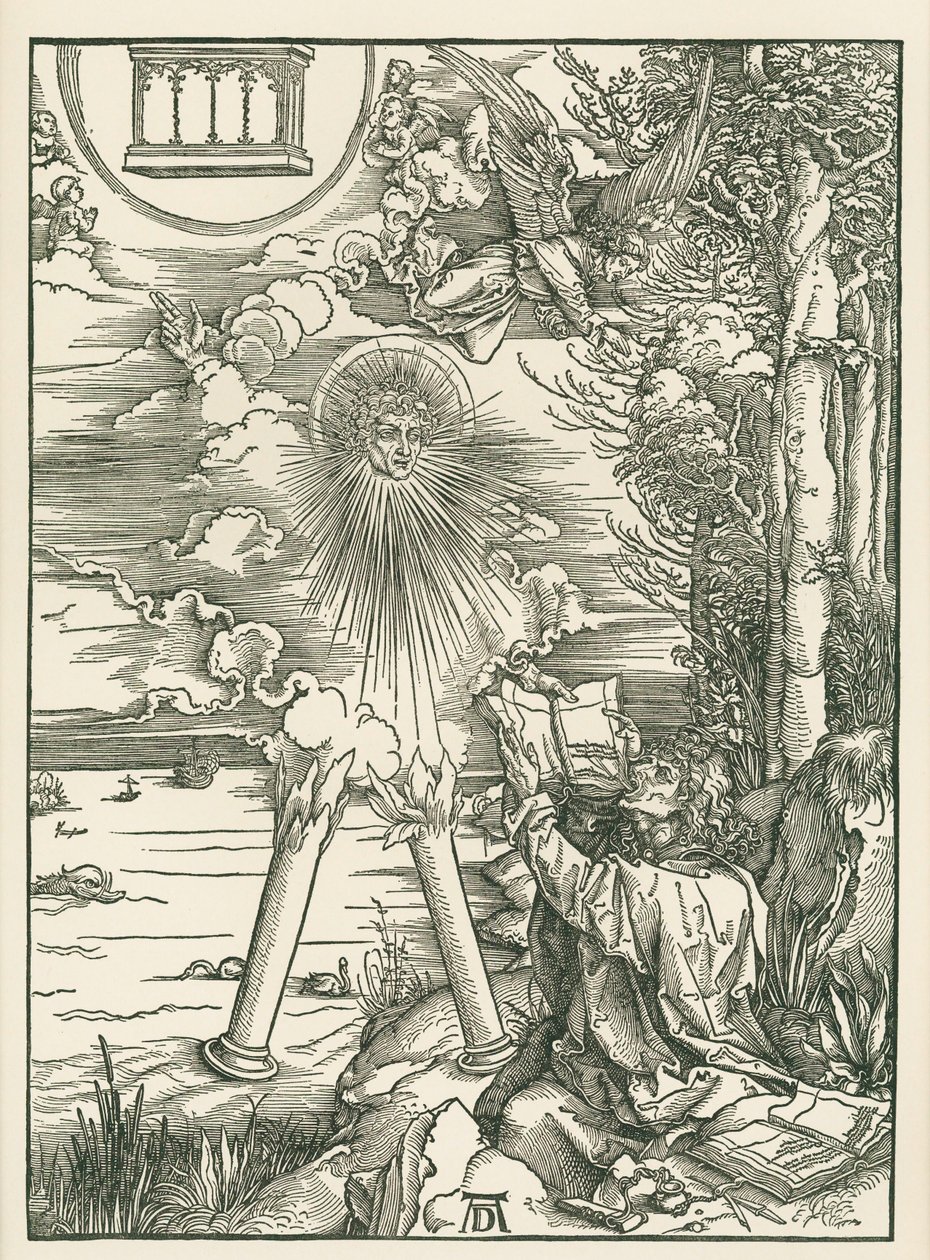 Święty Jan pożerający księgę podarowaną przez anioła. Objawienie Świętego Jana, ok. 1498 (drzeworyt) autorstwa Albrecht Dürer or Duerer