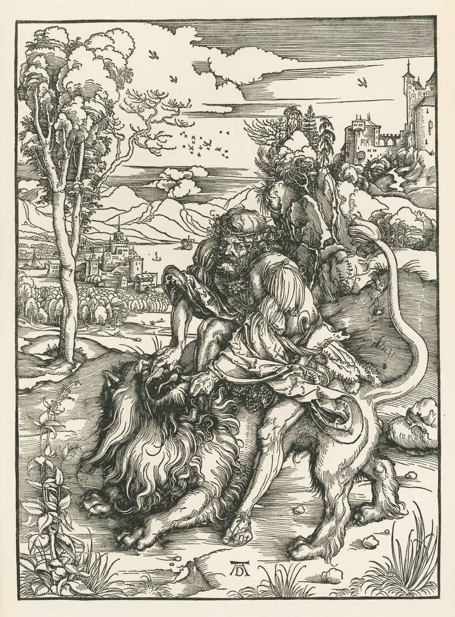Samson zabijający lwa, ok. 1497-98 (drzeworyt) autorstwa Albrecht Dürer or Duerer