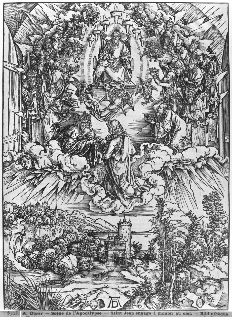 Scena z Apokalipsy, św. Jan przed Bogiem Ojcem i Dwudziestu Czterech Starców, wydanie niemieckie autorstwa Albrecht Dürer