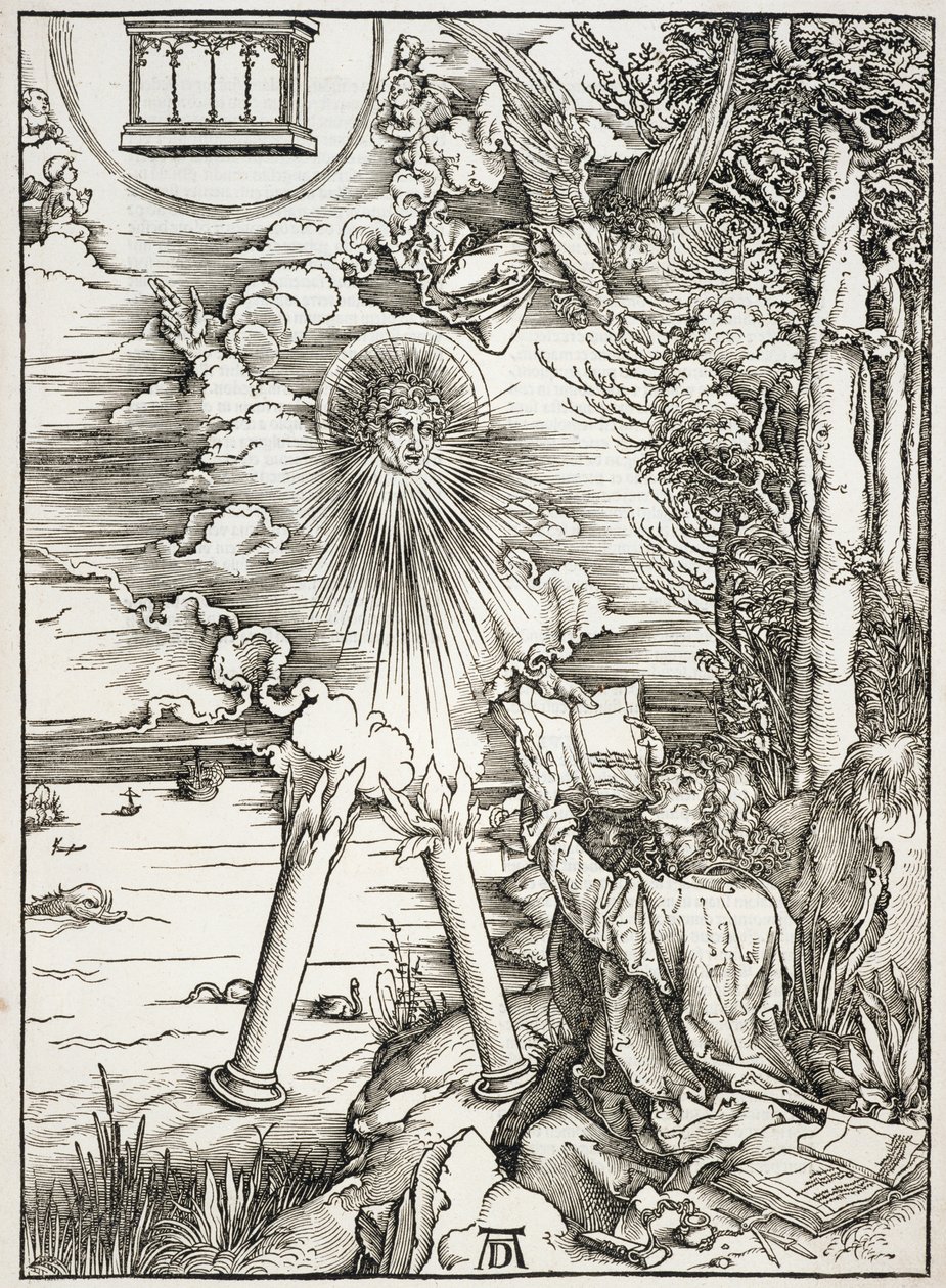 Scena z Apokalipsy, św. Jan pożerający Księgę, wydanie łacińskie autorstwa Albrecht Dürer
