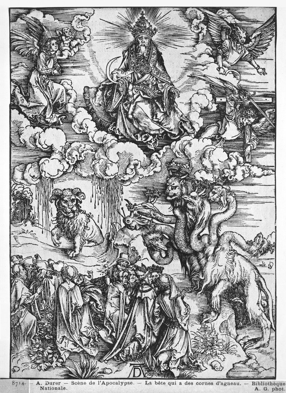 Scena z Apokalipsy, Siedmiogłowy i dziesięciorożny smok (drzeworyt) (zdjęcie czarno-białe) autorstwa Albrecht Dürer