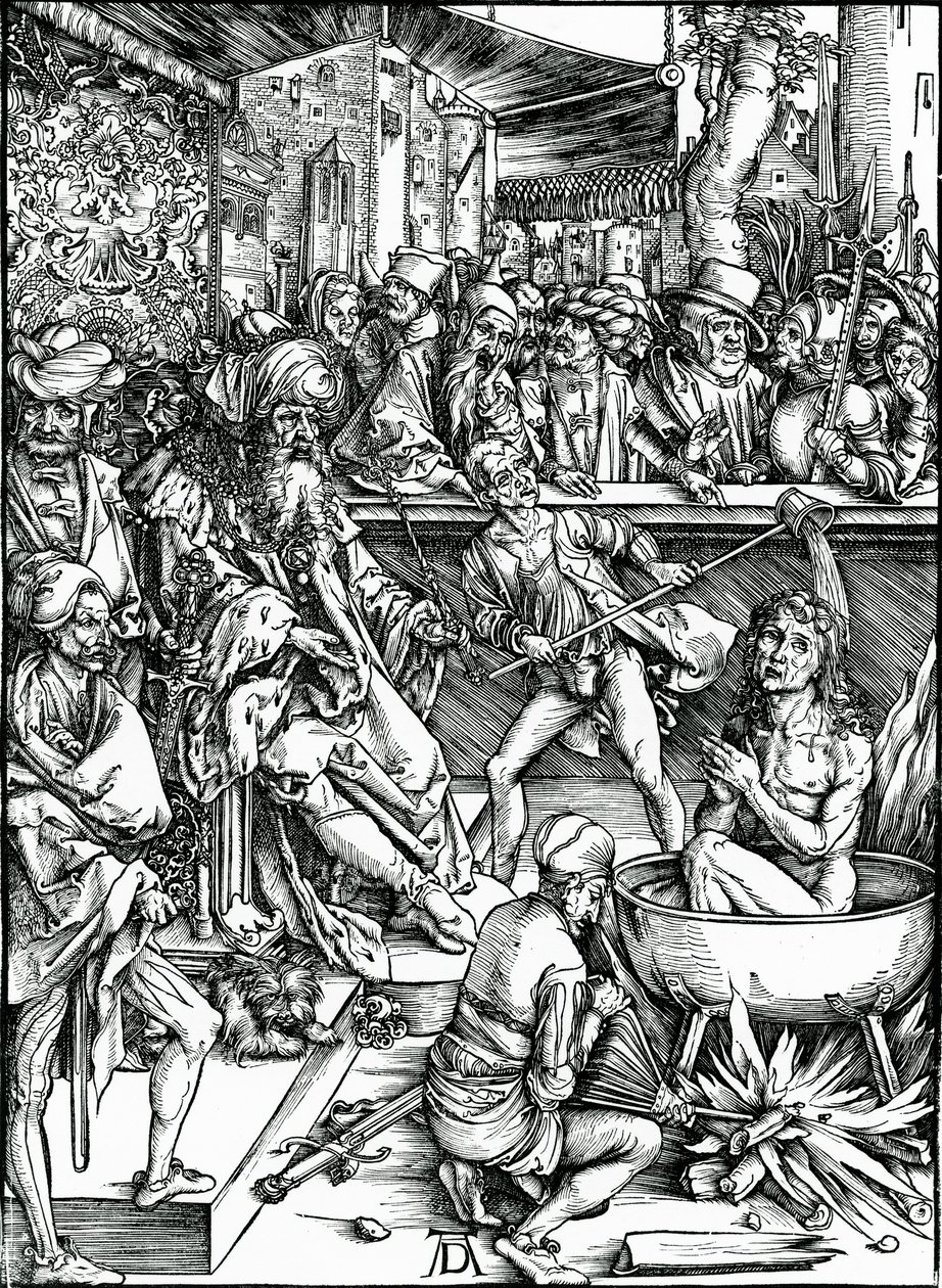 Św. Jan Ewangelista torturowany w kadzi z wrzącym olejem, z serii „Apokalipsa” autorstwa Albrecht Dürer