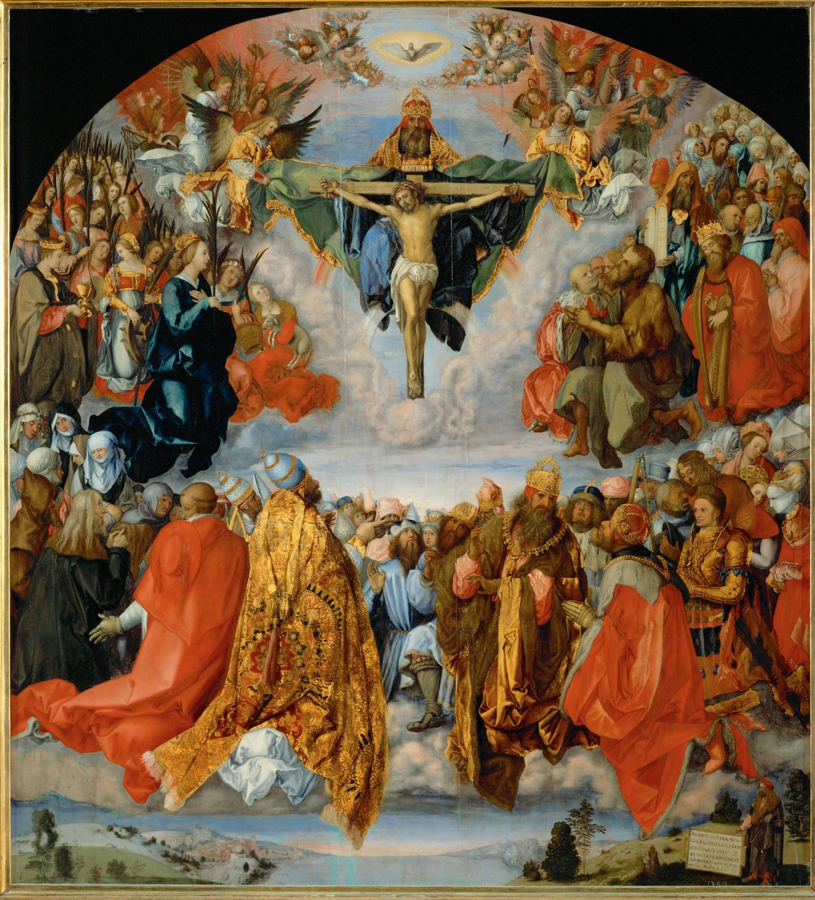 Adoracja Trójcy Świętej z autoportretem Duerera w prawym dolnym rogu (olej na drewnie topoli) autorstwa Albrecht Dürer or Duerer