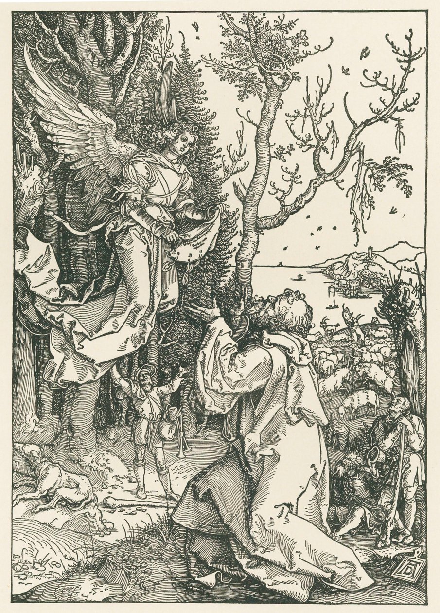 Anioł przynoszący wiadomość Joachimowi, ok. 1504 r. (drzeworyt) autorstwa Albrecht Dürer or Duerer