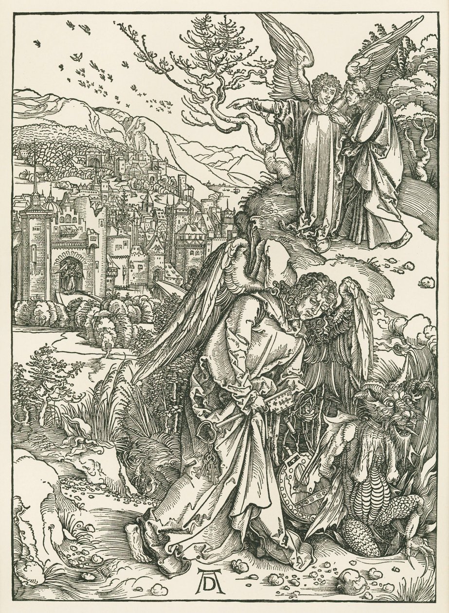 Anioł z kluczem zrzucający smoka do otchłani i inny anioł pokazujący świętemu Janowi Nowe Jeruzalem, ok. 1497-98 (drzeworyt) autorstwa Albrecht Dürer or Duerer