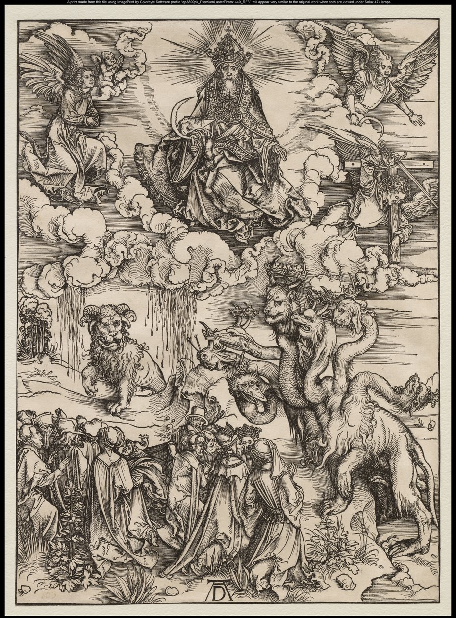 Apokalipsa: Bestia z dwoma rogami jak baranek, 1496-97 autorstwa Albrecht Dürer