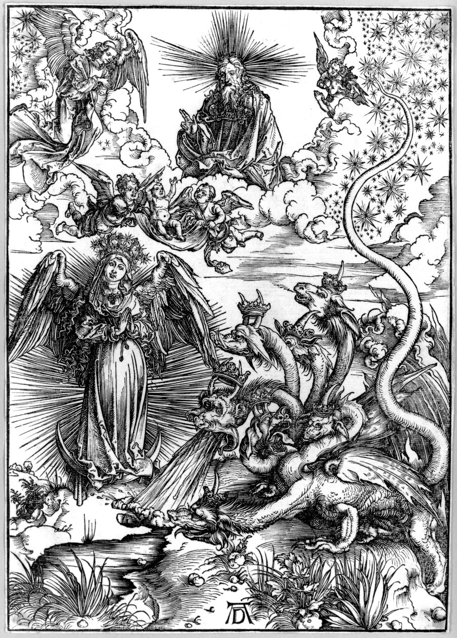 Kobieta Apokaliptyczna lub Kobieta obleczona w Słońce i Siedmiogłowy Smok z Apokalipsa lub Objawienia św. Jana autorstwa Albrecht Dürer
