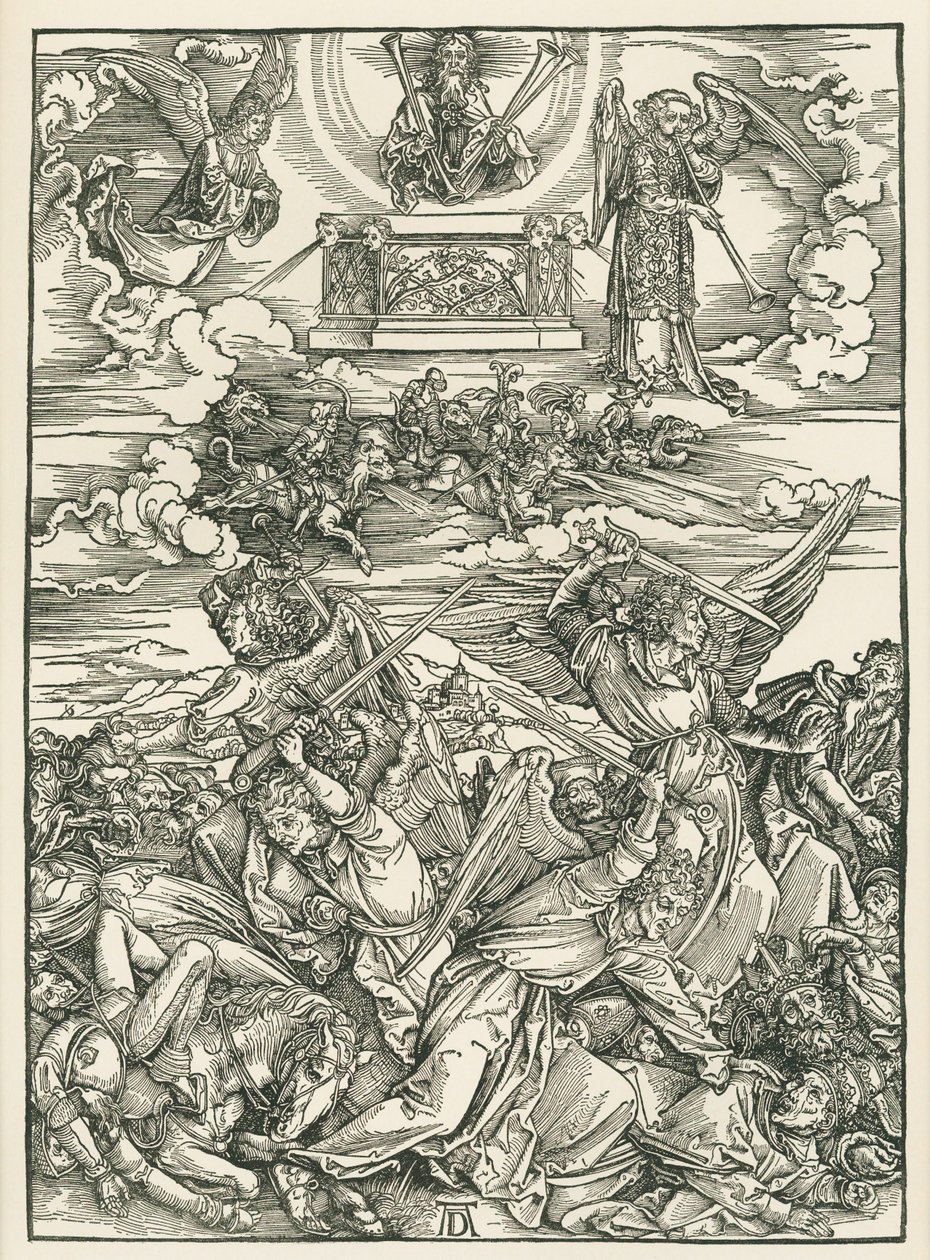 Bitwa aniołów. Objawienie Świętego Jana, ok. 1496-98 (drzeworyt) autorstwa Albrecht Dürer or Duerer