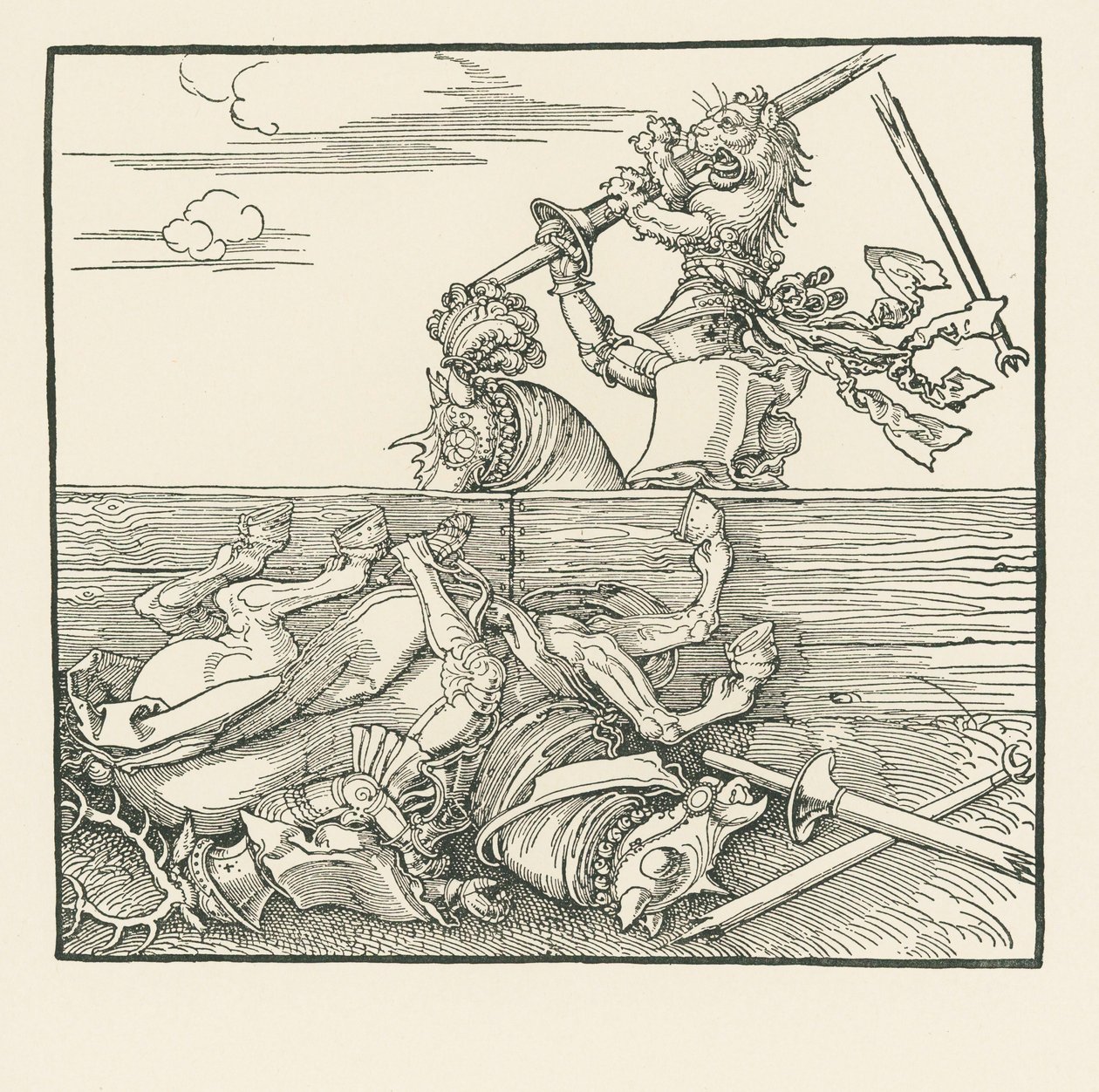 Turniej zagraniczny. Maksymilian podniósł swojego przeciwnika Jacopa de Heri z siodła, ok. 1517-18 (drzeworyt) autorstwa Albrecht Dürer or Duerer