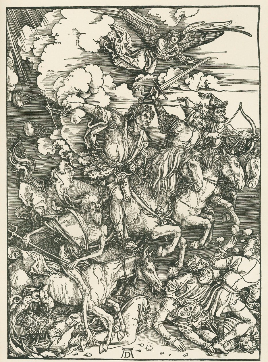 Czterej jeźdźcy Apokalipsy. Apokalipsa świętego Jana, ok. 1497-98 (drzeworyt) autorstwa Albrecht Dürer or Duerer