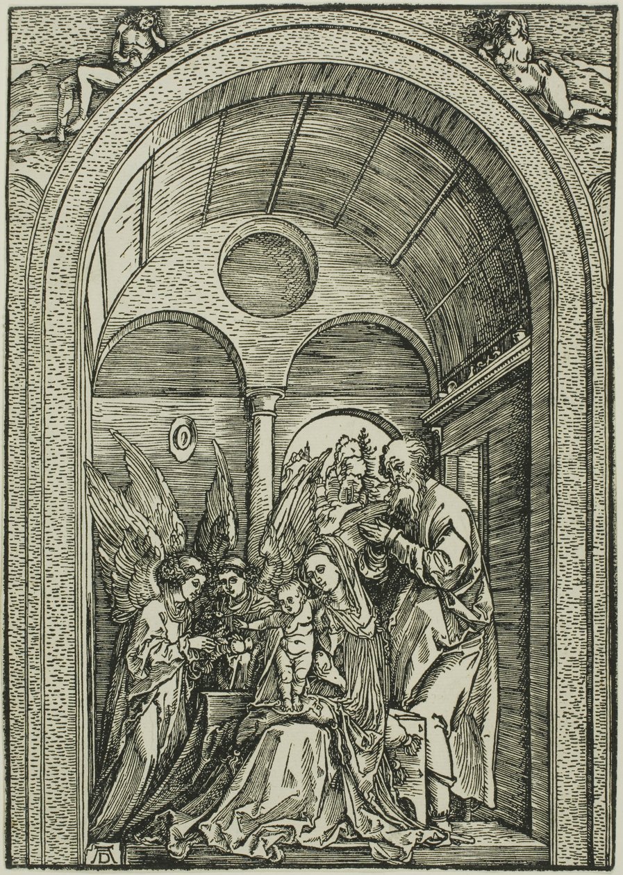 Święta Rodzina z dwoma aniołami w sali ze sklepieniem autorstwa Albrecht Dürer or Duerer
