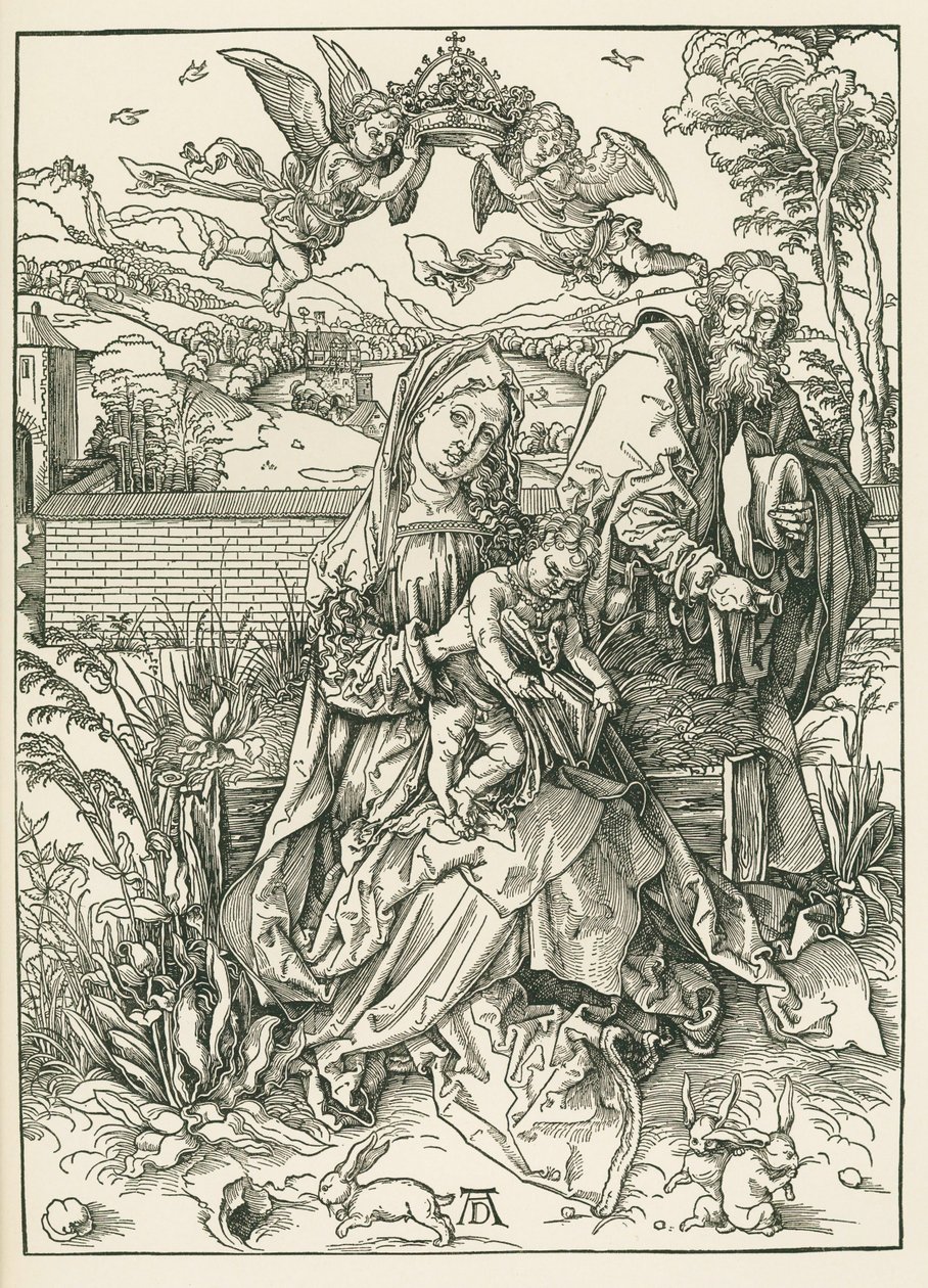 Święta Rodzina z trzema zającami, ok. 1497 (drzeworyt) autorstwa Albrecht Dürer or Duerer
