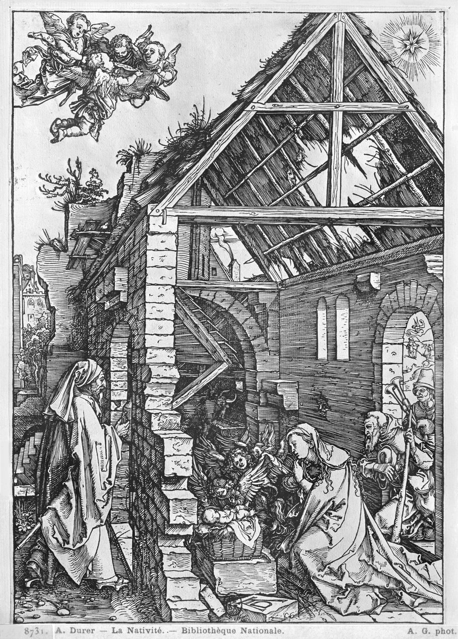 Narodzenia, z cyklu "Życie Matki Boskiej", ok. 1503 (drzewryt) (zdjęcie czarno-białe) autorstwa Albrecht Dürer