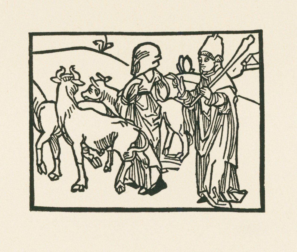 Kapłan w swoich szatach wypędzający bydło, a przed nim idzie służąca, ok. 1489-90 (drzeworyt) autorstwa Albrecht Dürer or Duerer