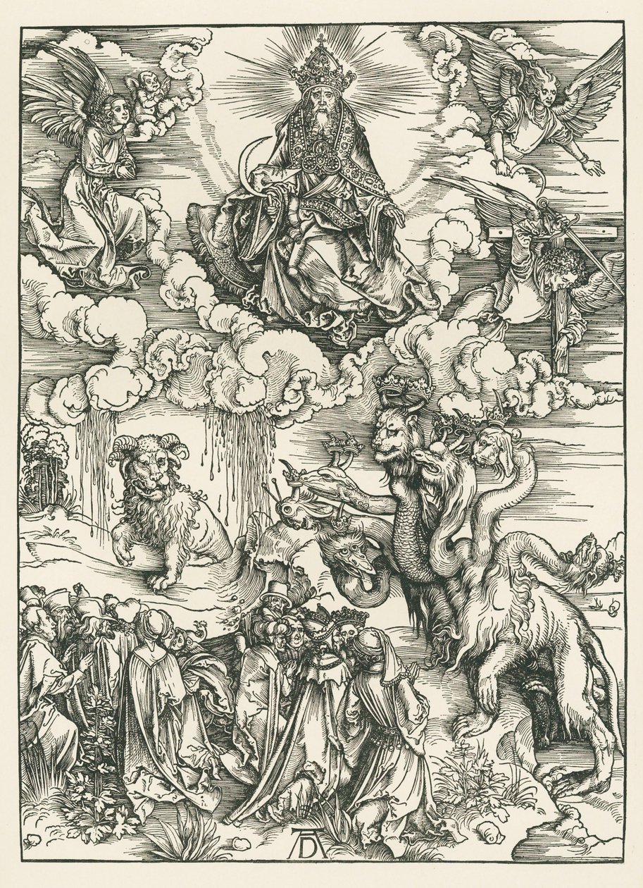 Potwór morski i bestia z rogami baranka. Objawienie Świętego Jana, ok. 1496-97 (drzeworyt) autorstwa Albrecht Dürer or Duerer