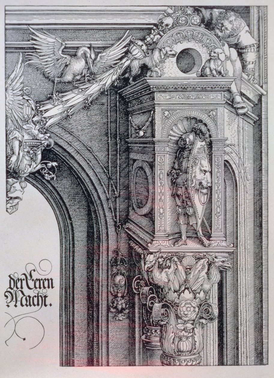Łuk triumfalny cesarza Maksymiliana I (1459-1519): detal łuku centralnego (Brama Honoru i Władzy) przedstawiający foliowaną i ożywioną głowicę kolumny podtrzymującą rycerza stojącego w architektonicznej niszy, postać trzymająca jeden bok wiszącego cartou autorstwa Albrecht Dürer