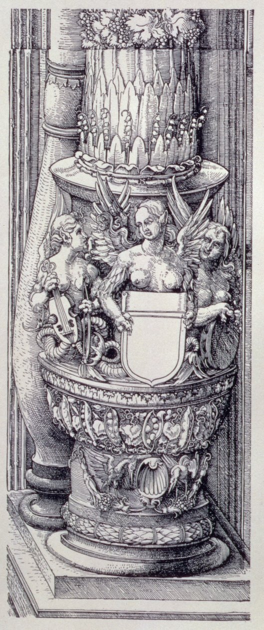 Łuk triumfalny cesarza Maksymiliana I Niemiec (1459-1519): fragment centralnej Bramy Honoru i Władzy, podstawa lewej kolumny ozdobiona pasami liści i skrzydlatych żeńskich gryfów, dat. 1515, wyd. 1517/18 (drzewryt) autorstwa Albrecht Dürer