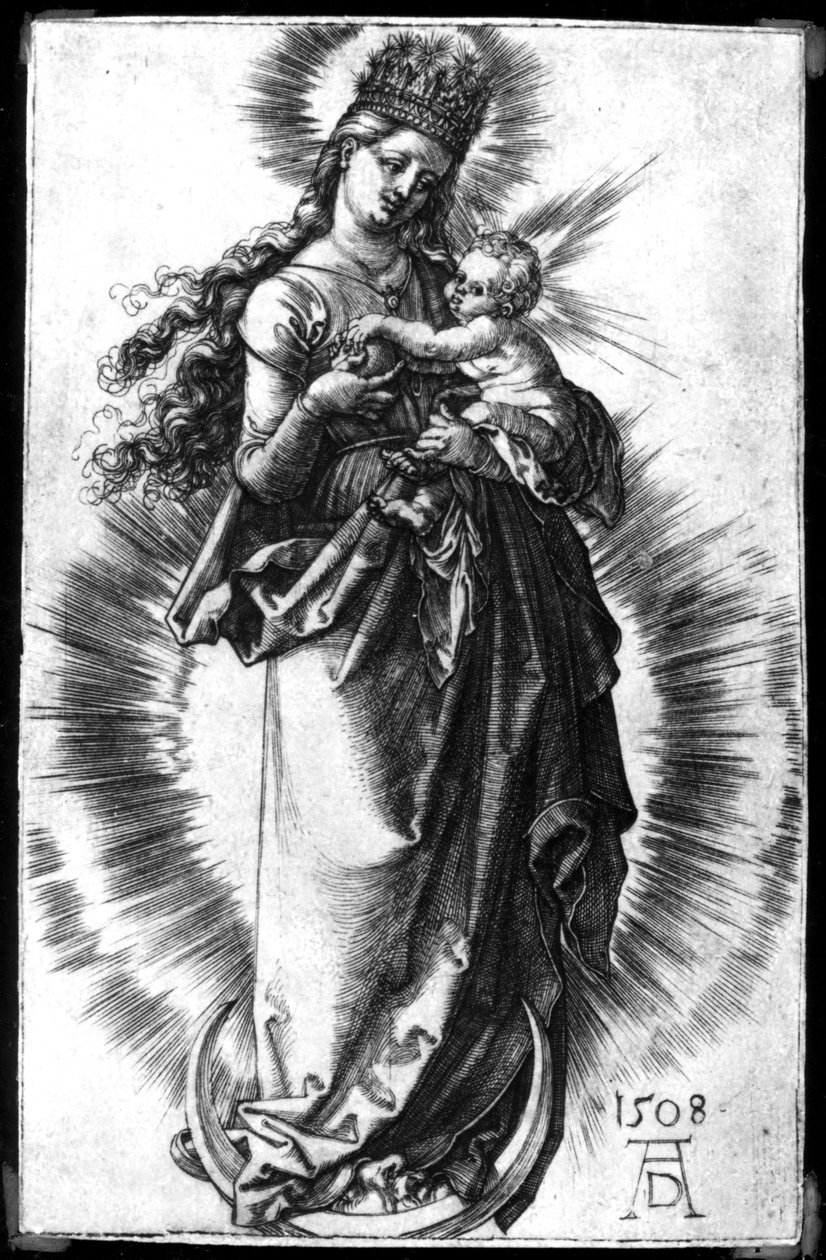Dziewica z Dzieciątkiem na półksiężycu z gwiaździstą koroną, 1508 autorstwa Albrecht Dürer