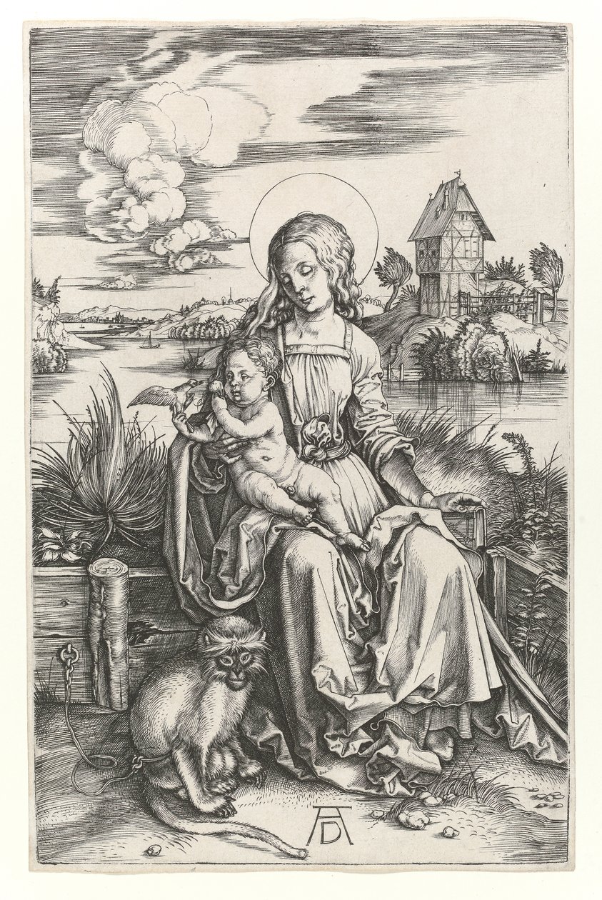 Dziewica z małpą, c.1498 (Grawerowanie Burina) autorstwa Albrecht Dürer