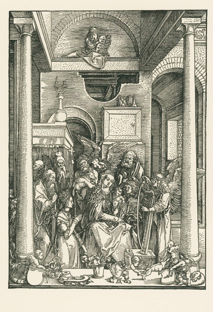 Dziewica czczona przez anioły i świętych, ok. 1502 r. (drzeworyt) autorstwa Albrecht Dürer or Duerer