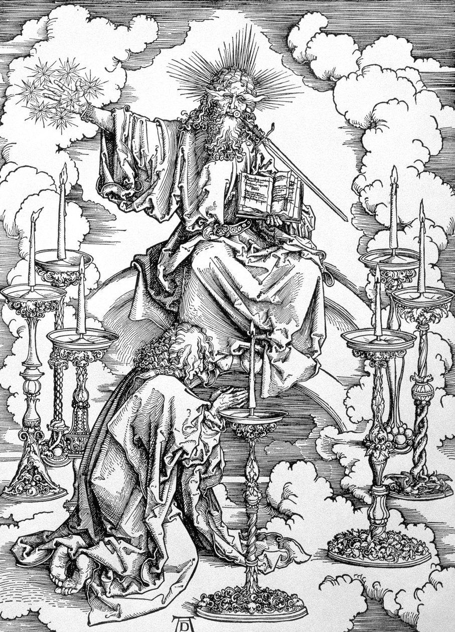 Wizja siedmiu świeczników z "Apokalipsy" lub "Objawień św. Jana Boskiego", wyd. 1498 (drzeworyt) autorstwa Albrecht Dürer