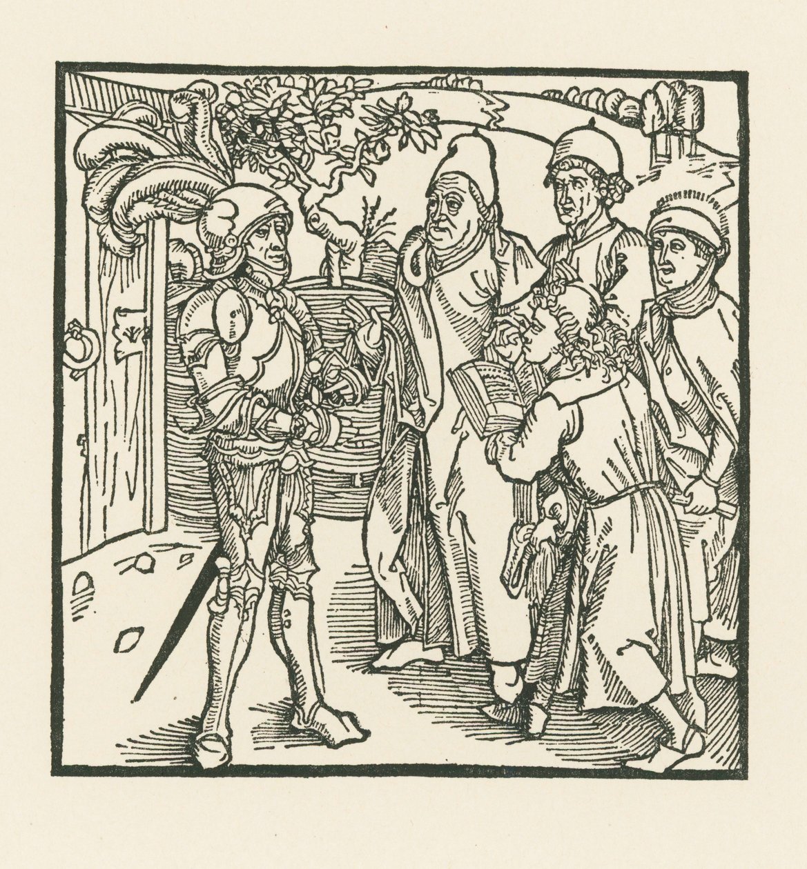 Rycerz zleca sporządzenie księgi dwóm skrybom i dwóm kapłanom autorstwa Albrecht Dürer or Duerer