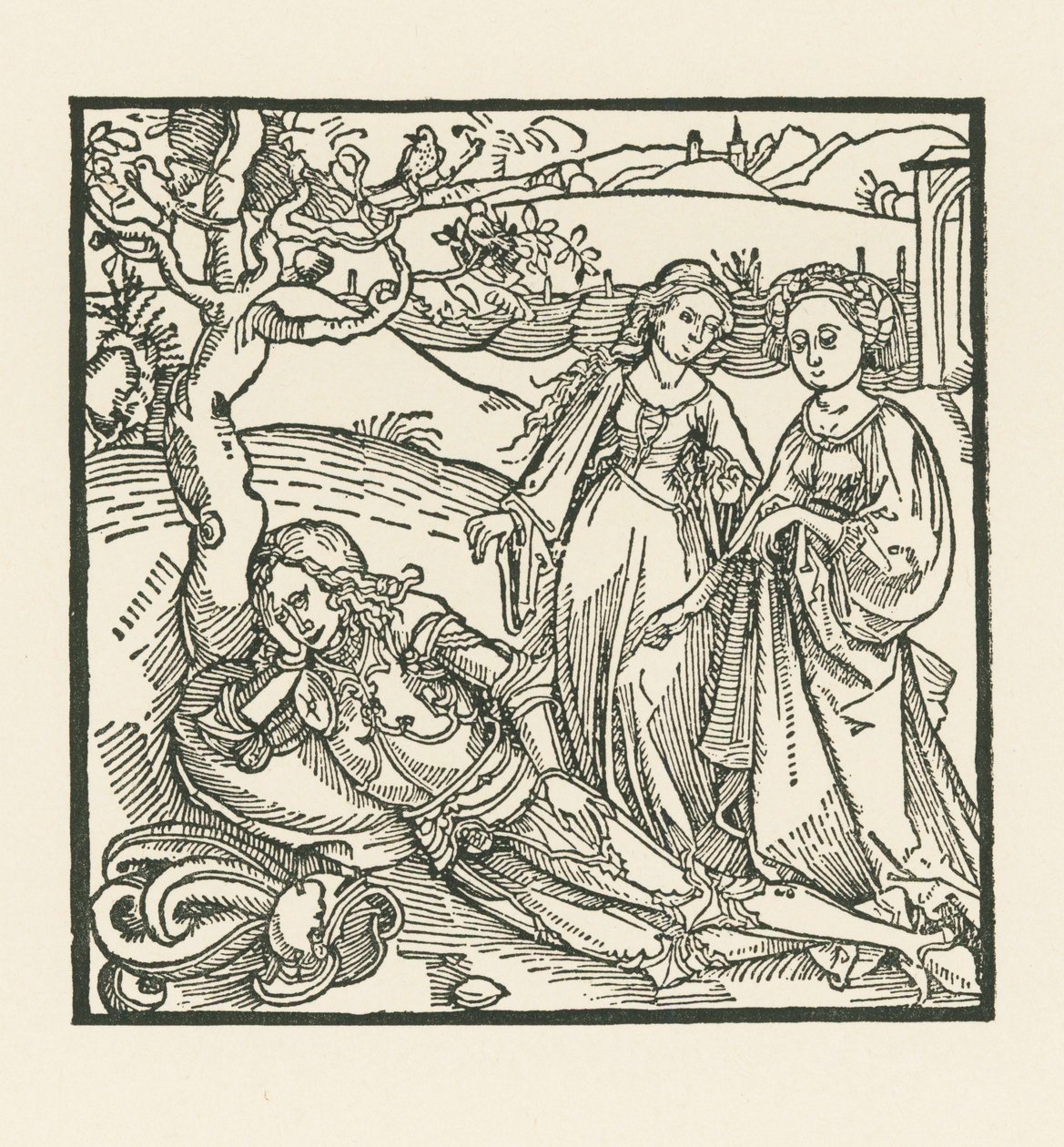 Do pogrążonego w medytacji rycerza dołączają jego dwie córki autorstwa Albrecht Dürer or Duerer