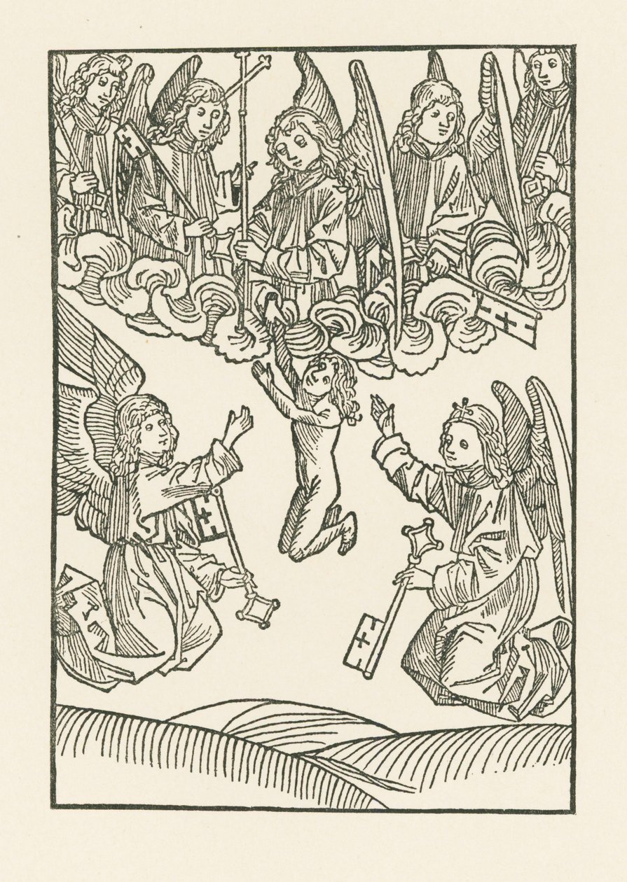 Siedmiu aniołów z krzyżem i sześcioma kluczami, którymi otworzyli Niebo dla sześciu dzieł Miłosierdzia, przyjmuje duszę do Nieba autorstwa Albrecht Dürer or Duerer