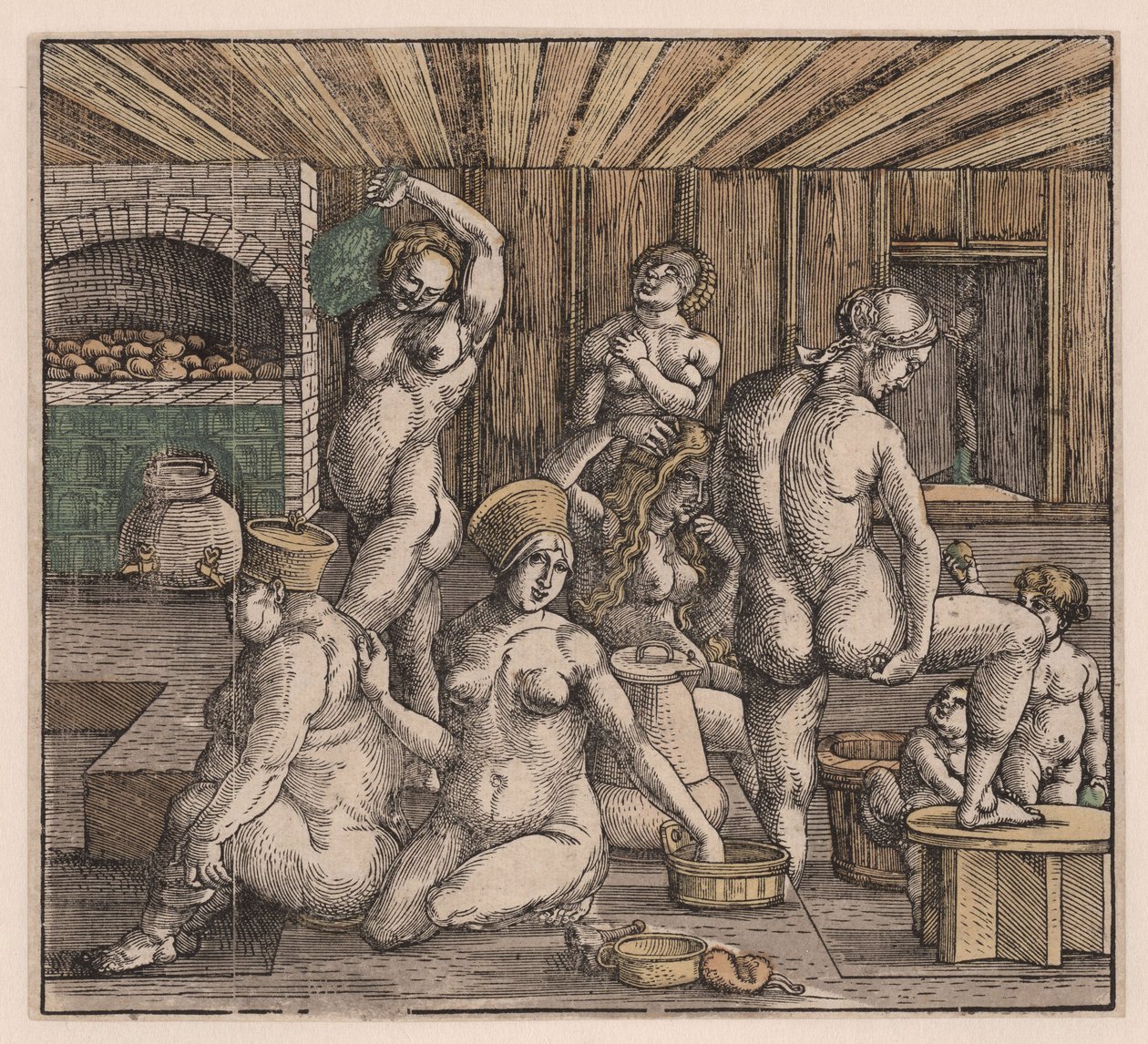 Łaźnia dla kobiet, autorstwa Duerera, Albrechta (1471-1528). Drzeworyt, akwarela, ok. 1900 r. 1500. Wymiary: 21,8x23,9 cm. Prywatna kolekcja autorstwa Albrecht Dürer