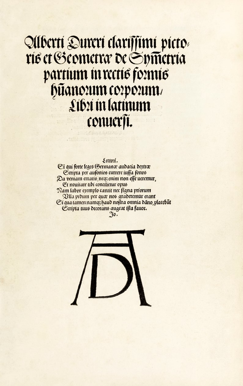 Strona tytułowa z monogramem drzeworytu Durera z „Hierinn sind vier bücher von Menschen Proportion” autorstwa Albrecht Dürer