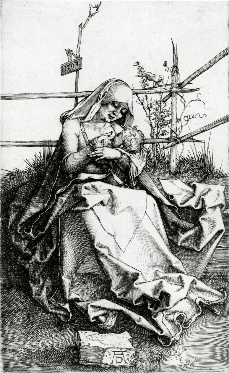 Dziewica z Dzieciątkiem na ławce z trawy autorstwa Albrecht Dürer