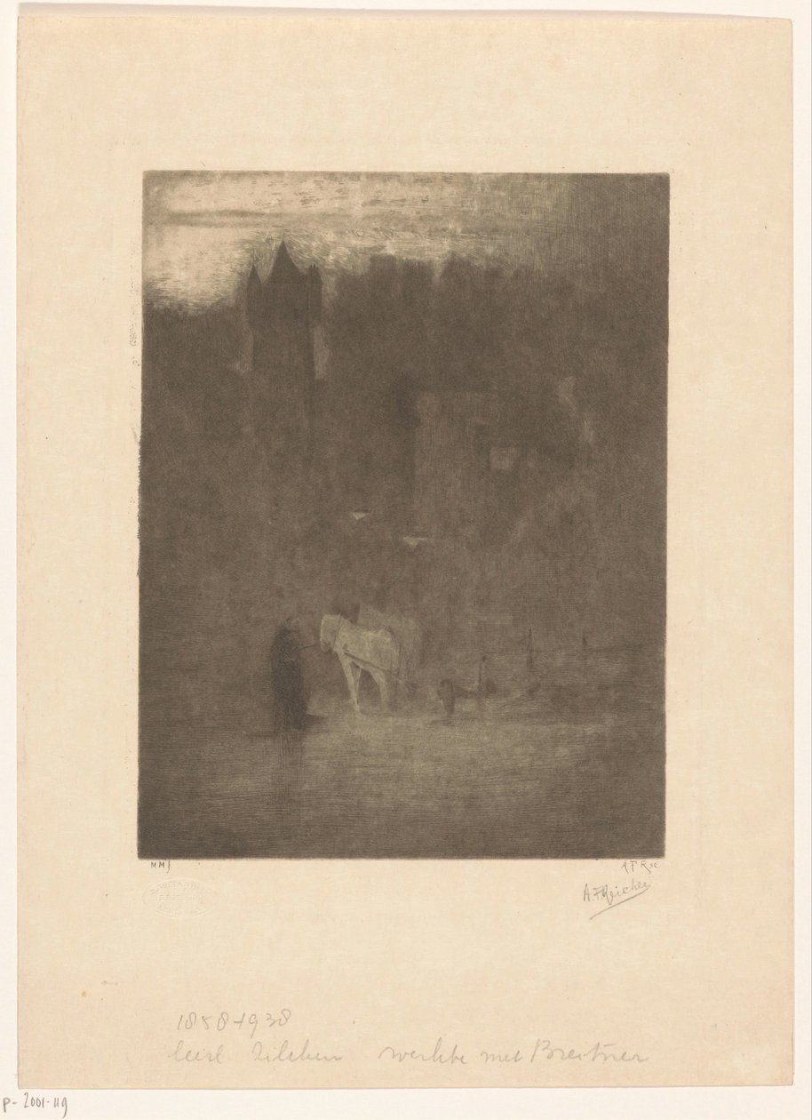 Figura i dwa konie na zamku we mgle autorstwa Albrecht Felix Reicher (signed by artist)