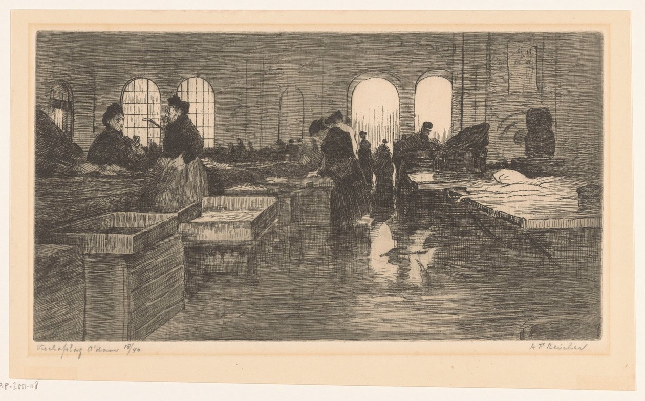 Wnętrze Vismarkt na Nieuwmarkt w Amsterdamie Aukcja ryb w Amsterdamie (oryginalny tytuł obiektu) autorstwa Albrecht Felix Reicher (signed by artist)