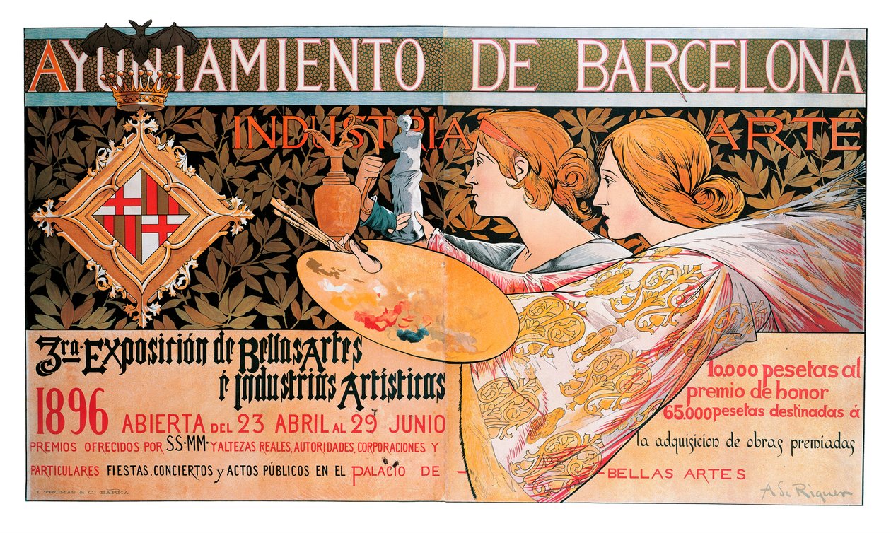 Plakat do trzeciej „Ekspozycji Sztuk Pięknych i Przemysłów Artystycznych” w Barcelonie w 1896 – Litografia Alexandre de Riquer i Ynglada (1856-1920) autorstwa Alejandro de Riquer