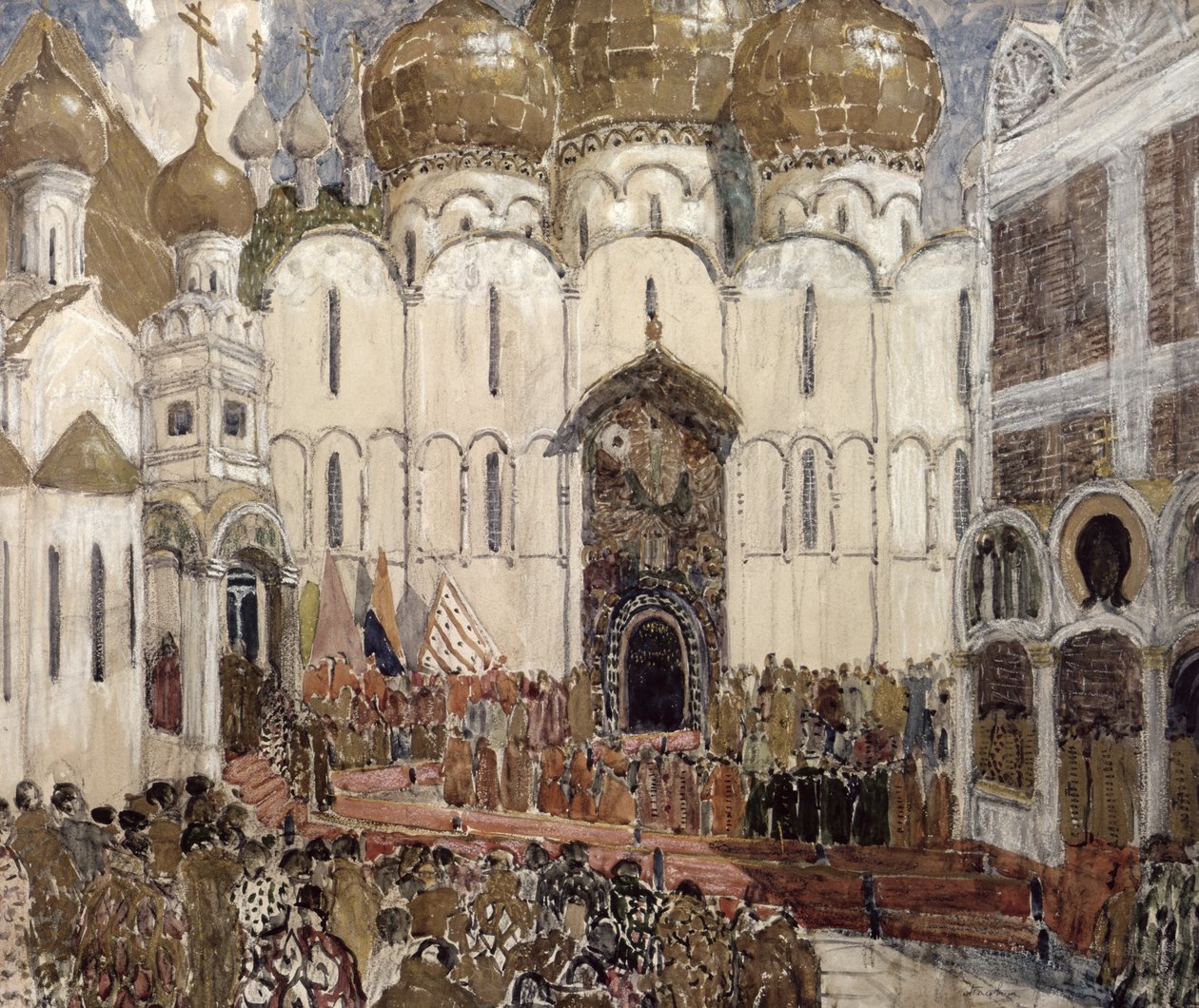 Plac na Kremlu, scenografia do Prologu, scena 2 z opery Modesta Pietrowicza Musorgskiego „Borys Godunow”, 1908 (gwasz na tekturze) autorstwa Aleksandr Jakovlevic Golovin