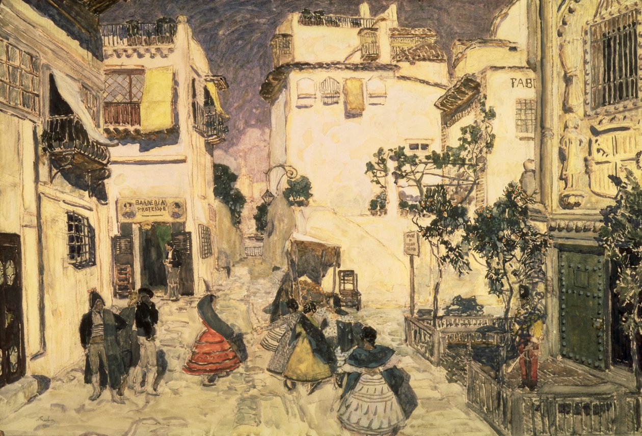 Ulica w Sewilli, szkic do scenografii do opery Bizeta „Carmen”, 1906 (tempera na papierze) autorstwa Aleksandr Jakovlevic Golovin