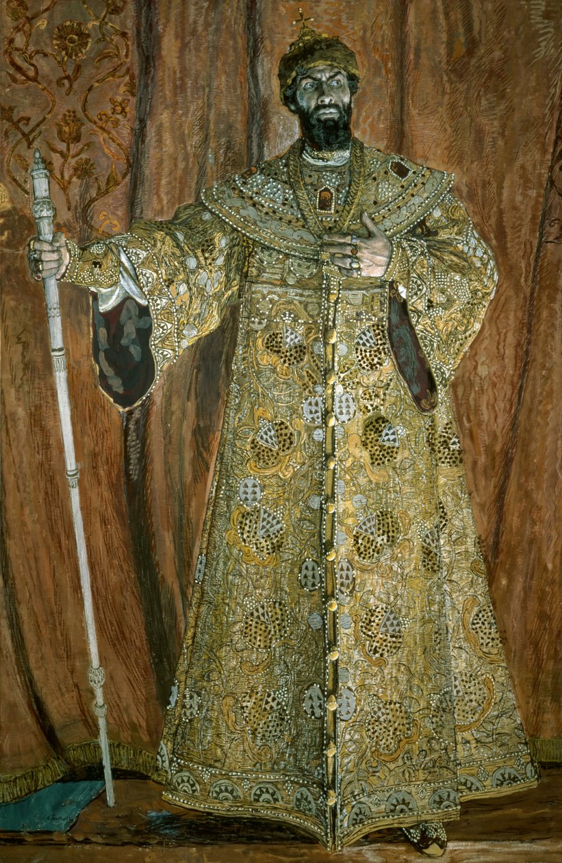 Portret Fiodora Iwanowicza Szaliapina (1873-1938) jako Borysa Godunowa, 1912 (gwasz, pastel, kreda i złoto na płótnie) autorstwa Aleksandr Jakovlevic Golovin
