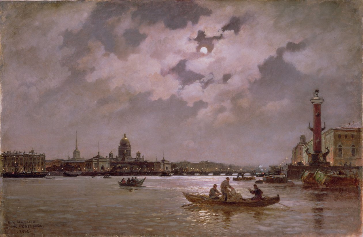 Widok na Newę i nabrzeże Admiralteyskaya w świetle księżyca, 1882 r. autorstwa Aleksandr Karlovich Beggrov
