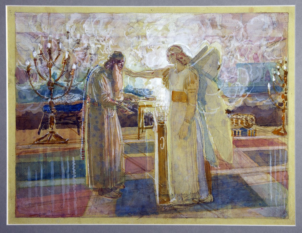 Archanioł Gabriel uderza w Zachariasza głupiego - Praca Aleksandra Andriejewicza Iwanowa (1806-1858), akwarela i biały na papierze (26,2 x 39,9 cm), koniec 1840 r. - (Archanioł Gabriel uderza w Zachariasza głupiego, akwarela i biały na papierze Aleksandra  autorstwa Aleksandr Andreevich Ivanov