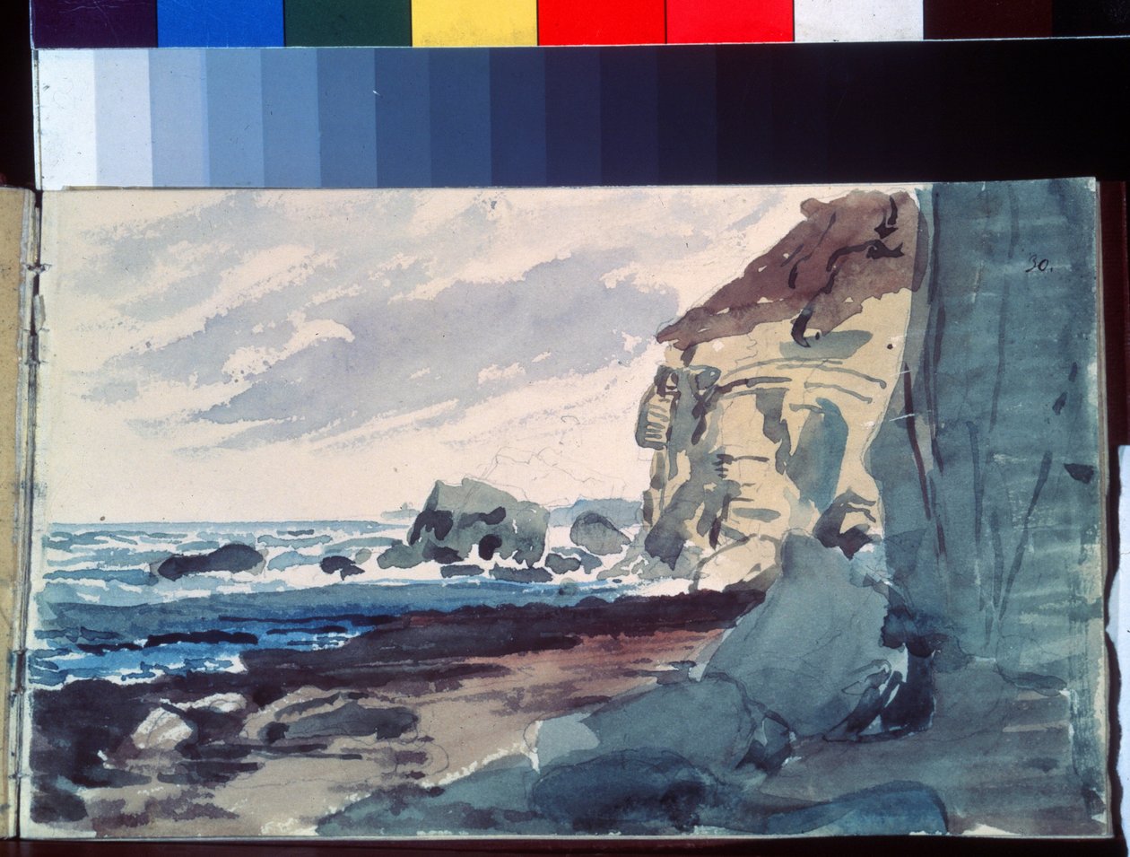 Surfowanie. Widok na plażę w pobliżu klifów. Praca Aleksandra Andriejewicza Iwanowa (1806-1858), akwarela na papierze autorstwa Aleksandr Andreevich Ivanov