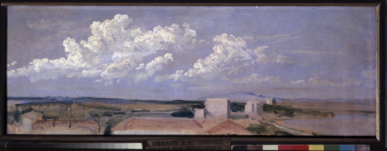 Chmury nad wybrzeżem morza. Krajobraz z kilkoma domami wzdłuż wybrzeża, zwieńczony dużymi białymi chmurami. Praca Aleksandra Andriejewicza Iwanowa (1806-1858), olej na papierze autorstwa Aleksandr Andreevich Ivanov