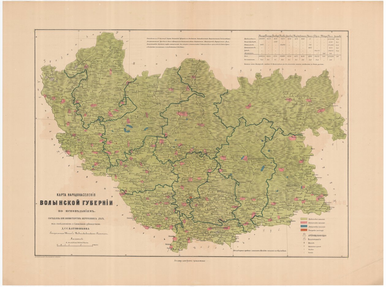 Mapa ludności wyznaniowej guberni wołyńskiej, 1864 r. autorstwa Aleksandr Fyodorovich Rittikh