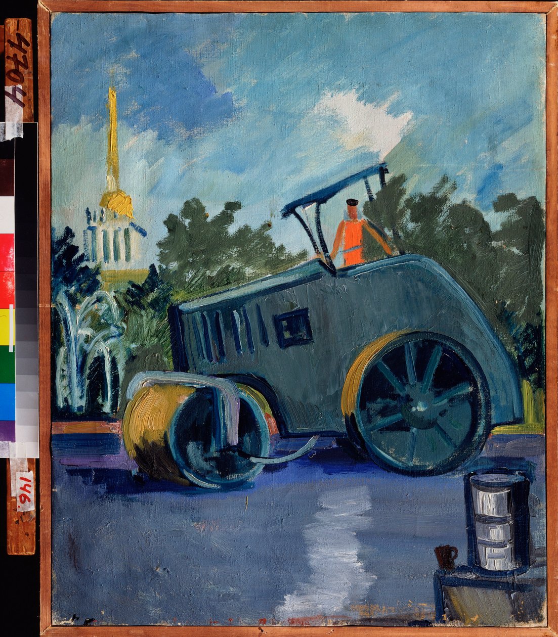 Nawierzchnia asfaltowa. (Maszyna układa asfalt na ulicy). Obraz Aleksandra Izaakowicza Rusakowa (1898-1952), olej na płótnie autorstwa Aleksandr Isaakovich Rusakov