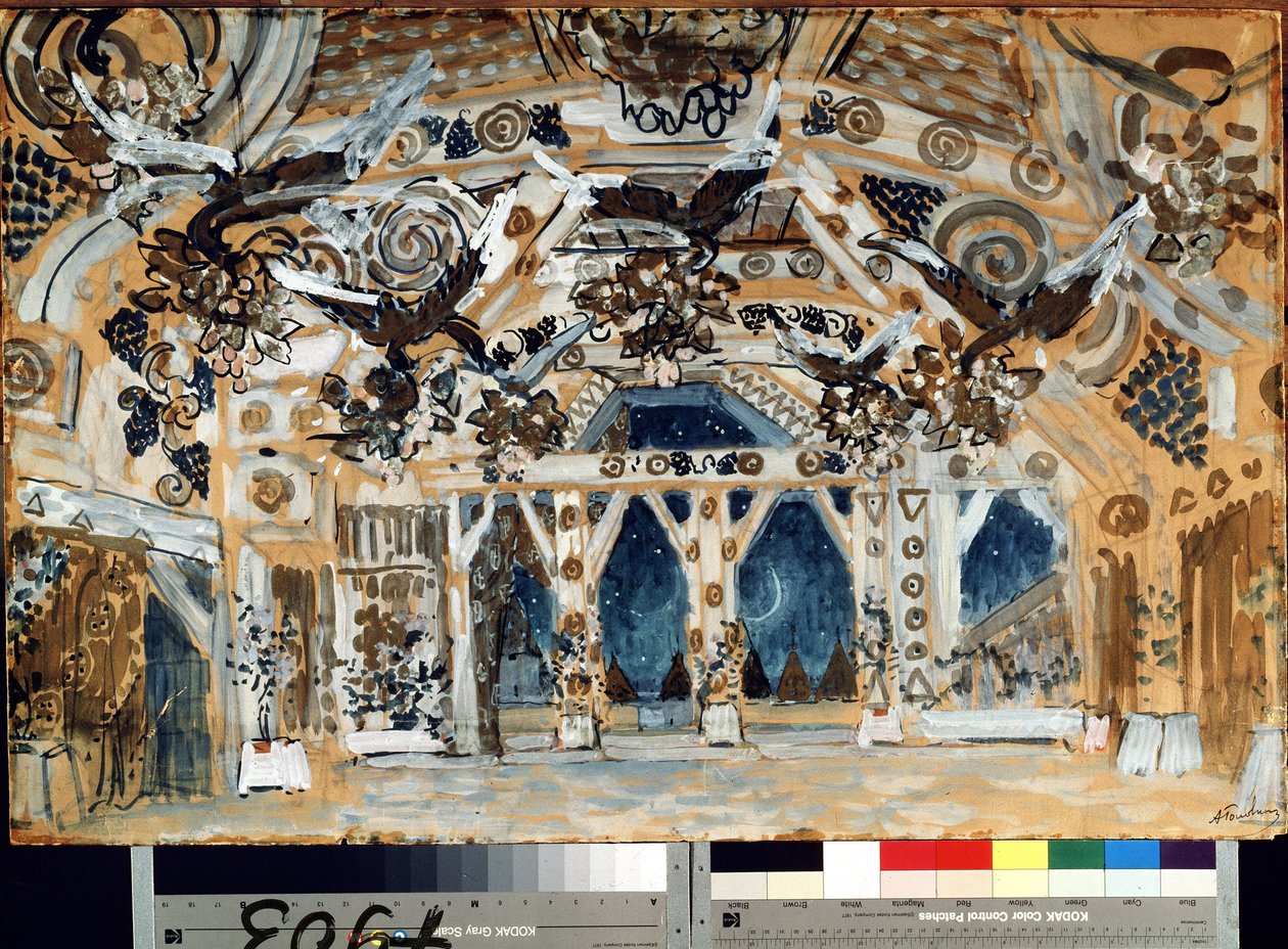Decor pour la piece de theatre La Dame de la mer de Henrik (Henri) Johan Ibsen (1828-1906) (Scenografia do spektaklu The Lady from the Sea H. Ibsena). Oeuvre de Alexander Yakovlevich Golovin (Alexandre Golovine) (1863-1930), pastel sur karton autorstwa Aleksandr Jakovlevic Golovin