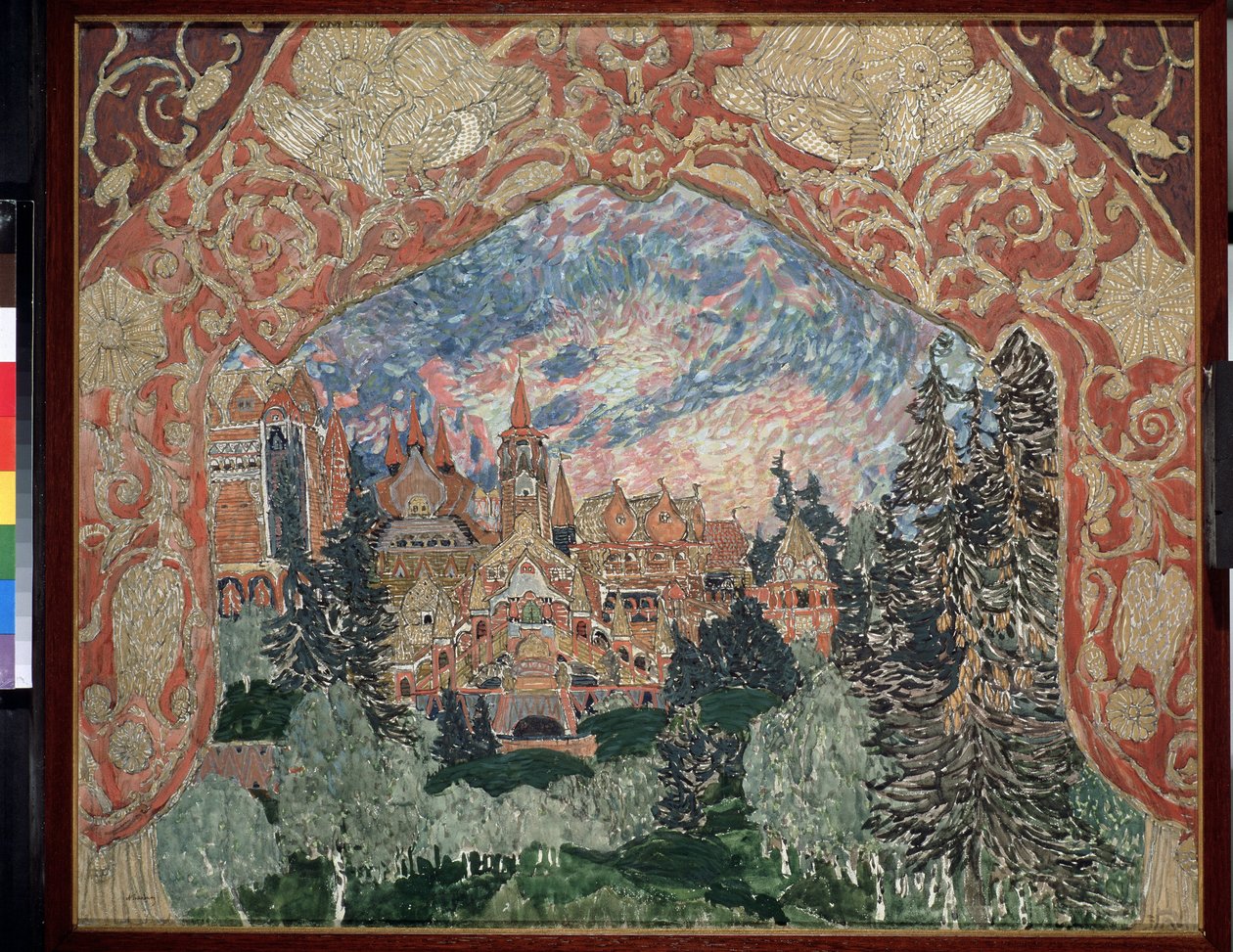 Dekoracja przygotowawcza do opery „Czarodziejskie lustro” Arsenija Korechenko (1870-1921) (projekt scenografii do opery „Czarodziejskie lustro” A.Koreshchenko). Opis rosyjskiego miasta w lesie, obramowany zdobionymi zasłonami. Grafika autorstwa Aleksandra  autorstwa Aleksandr Jakovlevic Golovin