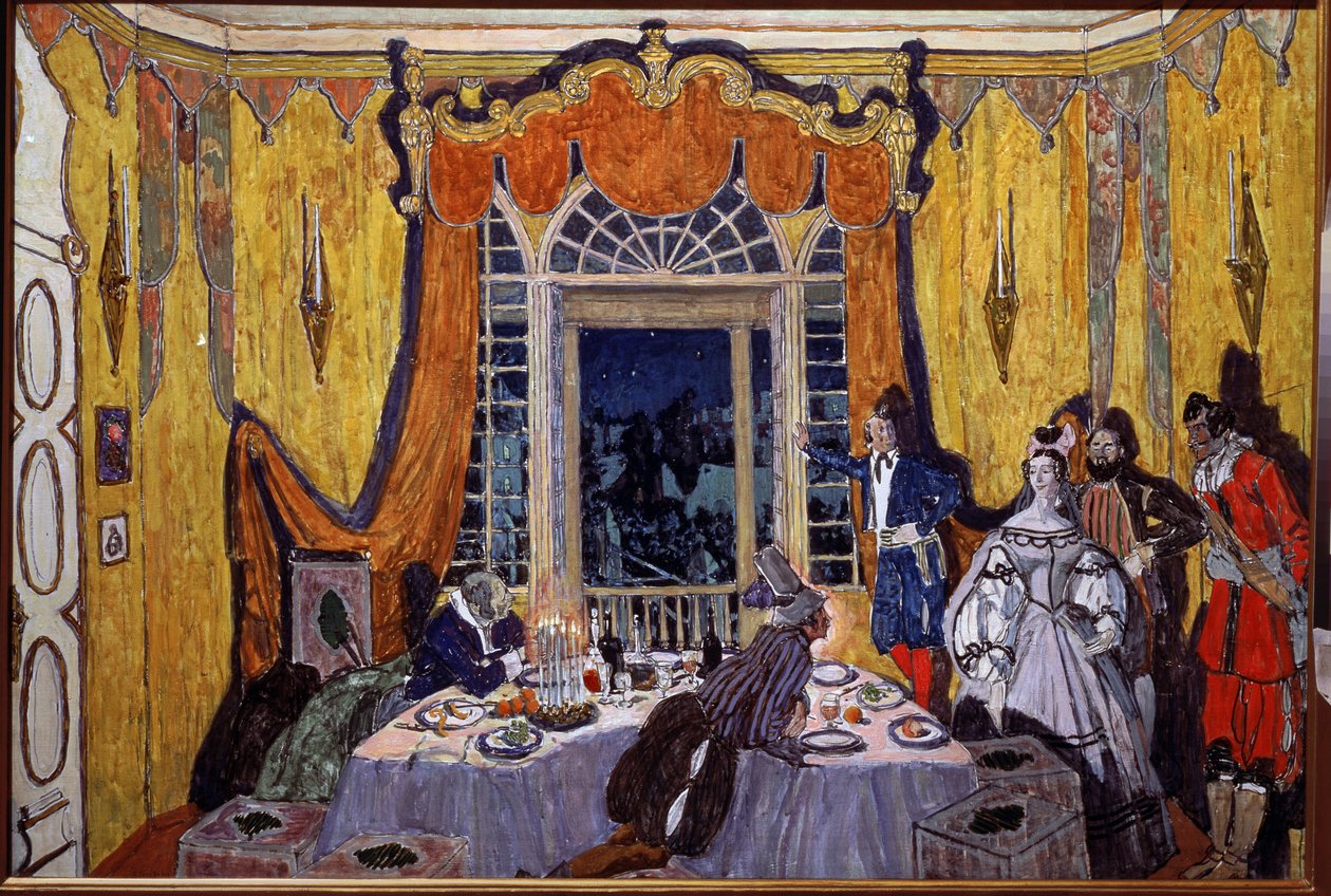 Dekoracja przygotowawcza do opery „Le guest de pierre” Aleksandra Dargomyjskiego (1813-1869) (projekt scenografii do opery Kamienny gość, A. Dargomyzhsky). Obraz Aleksandra Jakowlewicza Gołowina (Aleksander Gołowin) (1863-1930), olej na drewnie autorstwa Aleksandr Jakovlevic Golovin