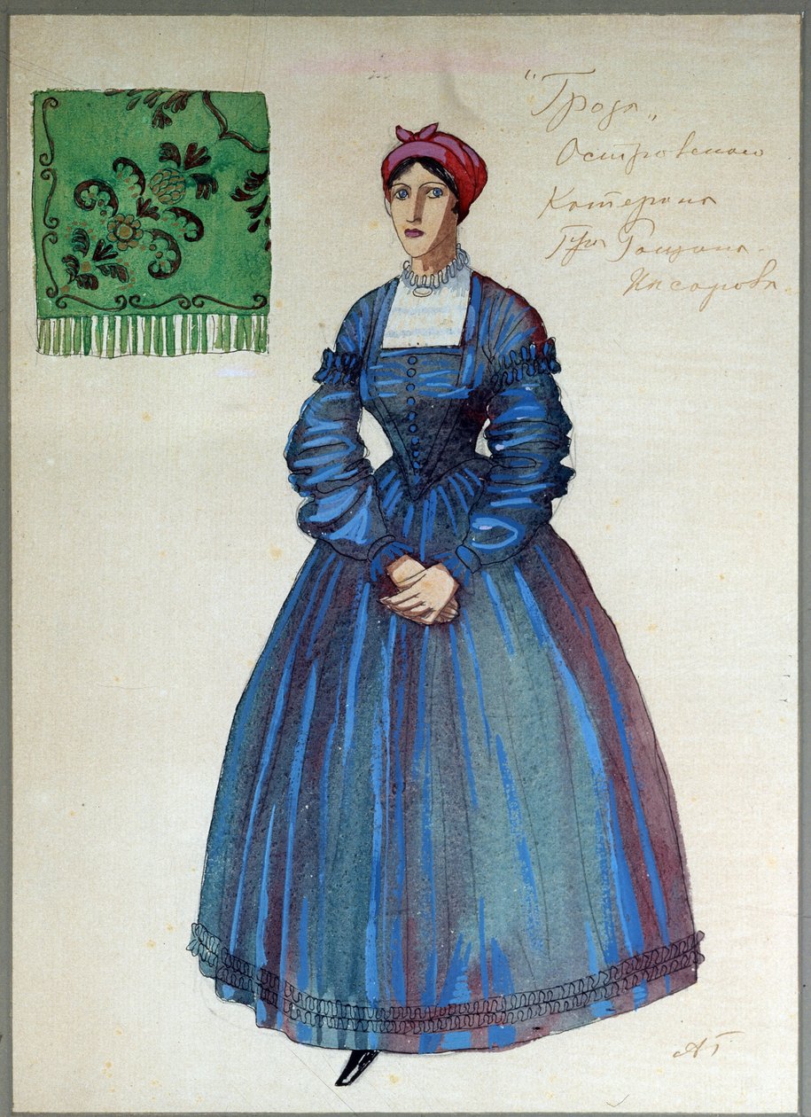 Projekt kostiumów do sztuki Burza Aleksandra Ostrovskiego (1823-1886) (projekt kostiumów do sztuki Burza A.Ostrowskiego). Praca Aleksandra Jakowlewicza Gołowina (Aleksander Gołowin) (1863-1930), ołówek, tusz, akwarela, gwasz i złoto na papierze autorstwa Aleksandr Jakovlevic Golovin
